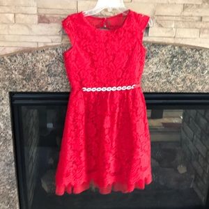 Girls Red Lace Overlay Dress
